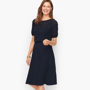 TALBOTS NAVY EYELET SLUB KNIT FIT & FLARE DRESS